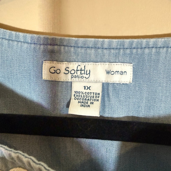 Go Softly Patio House Dress Duster MuMu 1X Floral Embroidered Chambray Denim - Picture 4 of 9